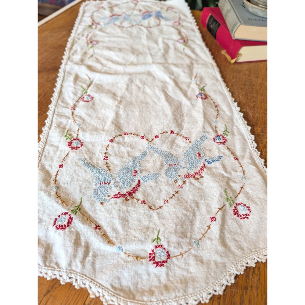Vintage Hand Embroidered Linen Table Runner Blue Birds Hearts Floral Lace 32x12